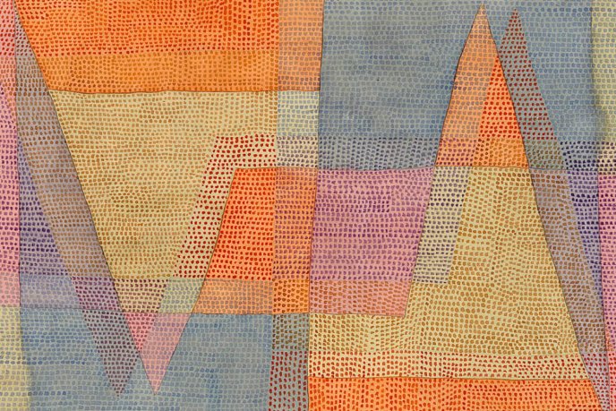 Composition abstraite aux motifs pointillés multicolores formant des formes géométriques superposées. Palette chaude dominée par l’orange, le violet et le bleu.