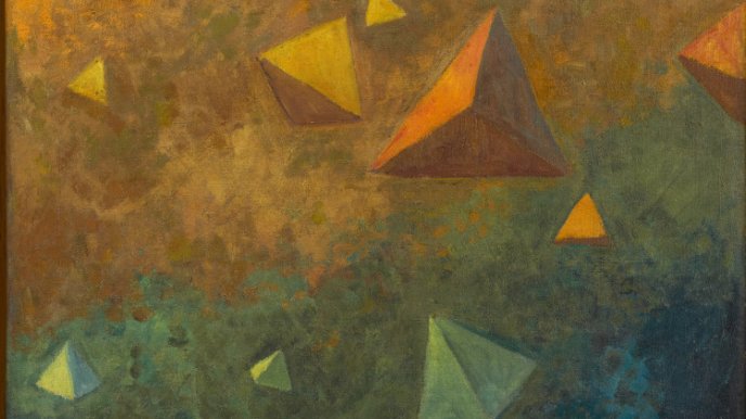 Peinture abstraite avec formes géométriques colorées sur fond texturé.