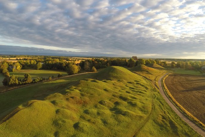 Paysage de collines herbeuses avec un chemin sinueux, entouré de champs et d’arbres sous un ciel nuageux