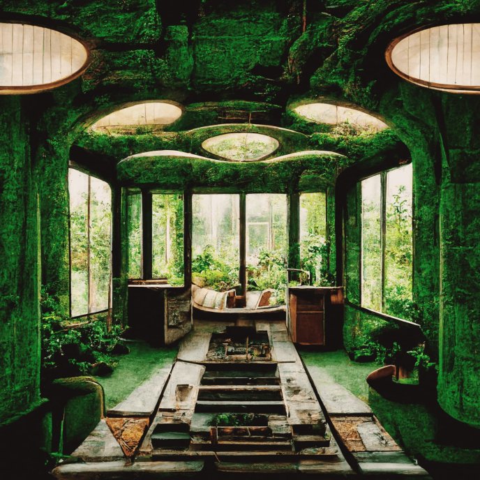Intérieur d’une pièce envahie par la végétation, avec des fenêtres et des sièges abandonnés.