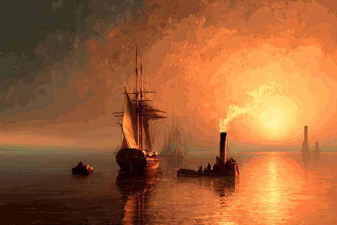 Image réalisée avec Midjourney d’après "The Fighting Temeraire tugged to her last berth to be broken up", J. M. W. Turner, 1838