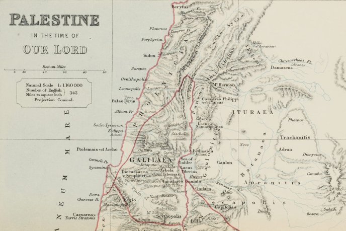 Carte ancienne de la Palestine à l'époque romaine, avec les villes et régions marquées.