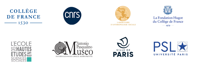 Logos des partenaires : Collège de France, CNRS, Laboratoire d'Anthropologie Sociale, Fondation Hugot, EHESS, Museo Pasqualino, Ville de Paris, PSL Université Paris