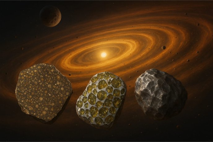 Trois types de météorites en avant-plan d’un système solaire avec étoile et disques protoplanétaires.