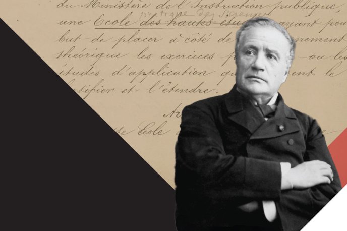 Portrait en noir et blanc d'un homme en costume, superposé à un manuscrit ancien avec écriture à la main.