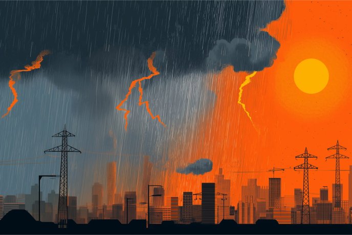 Ville sous un orage intense avec éclairs et pluie, silhouette des bâtiments et pylônes électriques.