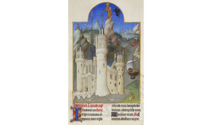 Frères de Limbourg, « La Tentation du Christ », Très Riches Heures du duc de Berry (1411-1416), musée Condé, Ms.65, f° 161v.