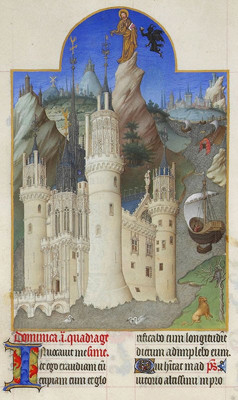 Frères de Limbourg, « La Tentation du Christ », Très Riches Heures du duc de Berry (1411-1416), musée Condé, Ms.65, f° 161v.