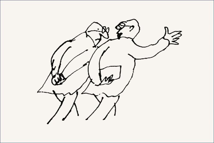 Dessin au trait noir de deux personnes discutant