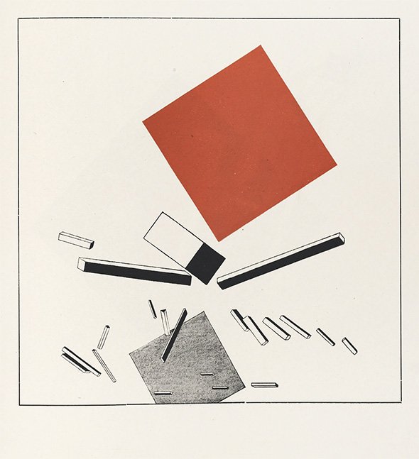 "Un seul coup et tout s’écroule", extrait du livre "Histoire des deux carrés : conte suprématiste en six figures",  El Lissitzky, 1922. Domaine public.