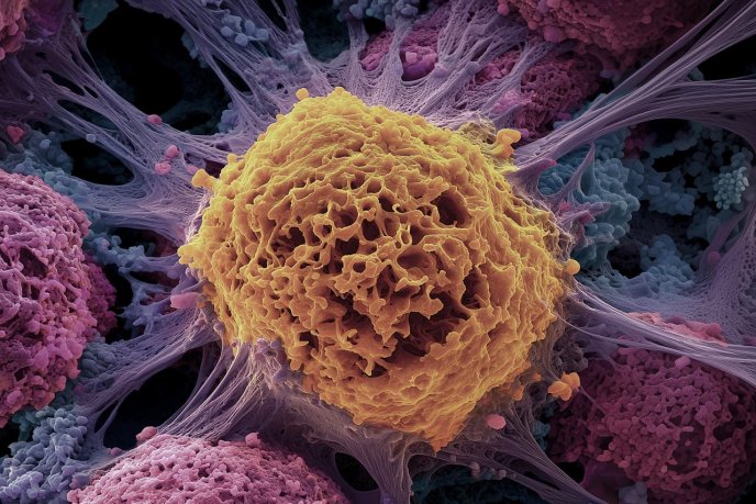 Cellule cancéreuse, vue d’artiste générée avec une I.A. 