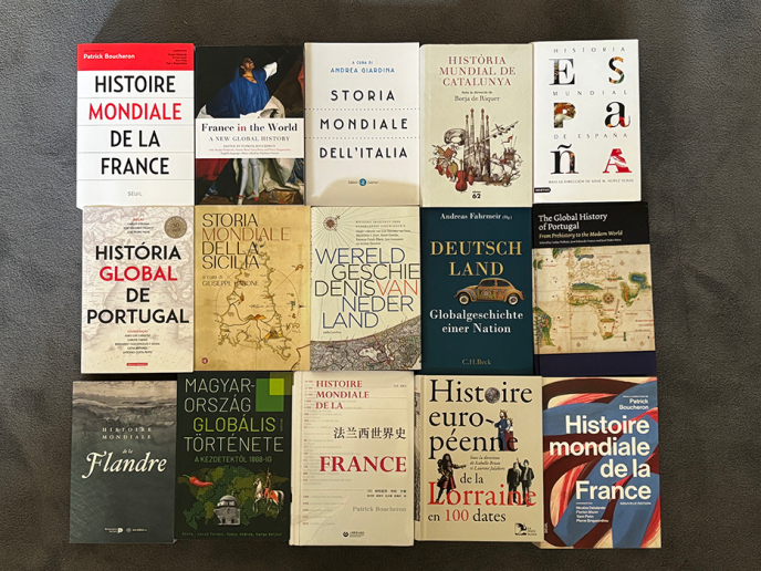 Display the full size picture: Seize livres d'histoire disposés en grille, aux couvertures variées et en plusieurs langues et portant sur l'histoire de différents pays et régions