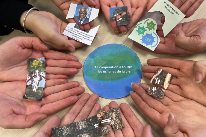 Display the full size picture: Des personnes présentant dans leurs mains des images concernant l'écologie