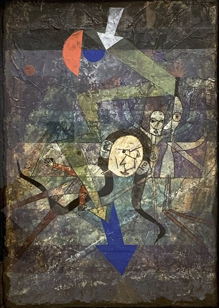 Peinture abstraite aux tons sombres montrant deux figures stylisées en mouvement, entourées de formes géométriques colorées et de flèches pointant vers le bas