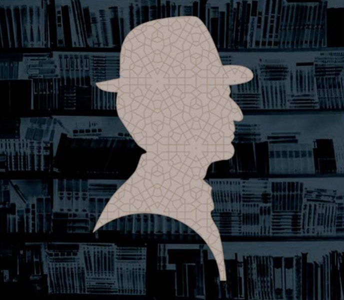 Display the full size picture: Silhouette claire d’un homme portant un chapeau, vue de profil, avec un motif géométrique fin à l’intérieur de la silhouette. En arrière-plan, des étagères remplies de livres sombres et flous créent une ambiance de bibliothèque ou d’archive