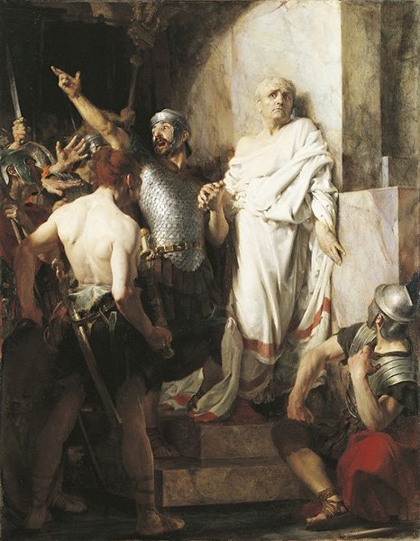 Afficher l'image en plein écran : Peinture représentant un homme en toge blanche entouré de soldats romains armés, dans une scène de proclamation ou d'arrestation à l'intérieur d'un bâtiment