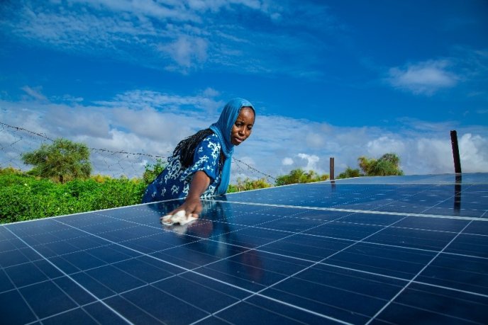 Afficher l'image en plein écran : Femme nettoyant des panneaux solaires