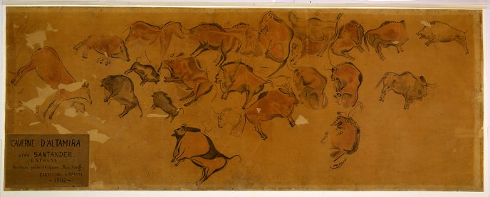 Display the full size picture: Peintures rupestres paléolithiques de la grotte d’Altamira, en Espagne, représentant de nombreux animaux, notamment des bisons, chevaux, cerfs et sangliers