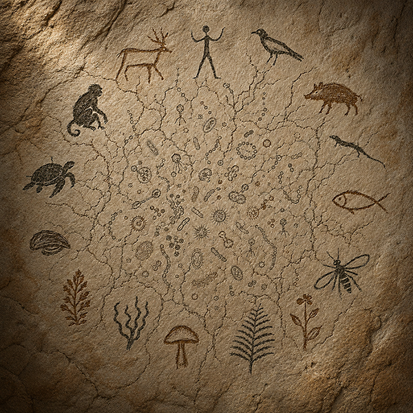 Display the full size picture: Peinture rupestre représentant des animaux, une figure humaine et de nombreux motifs évoquant des formes microscopiques, entourés de plantes et d’organismes marins sur une paroi rocheuse