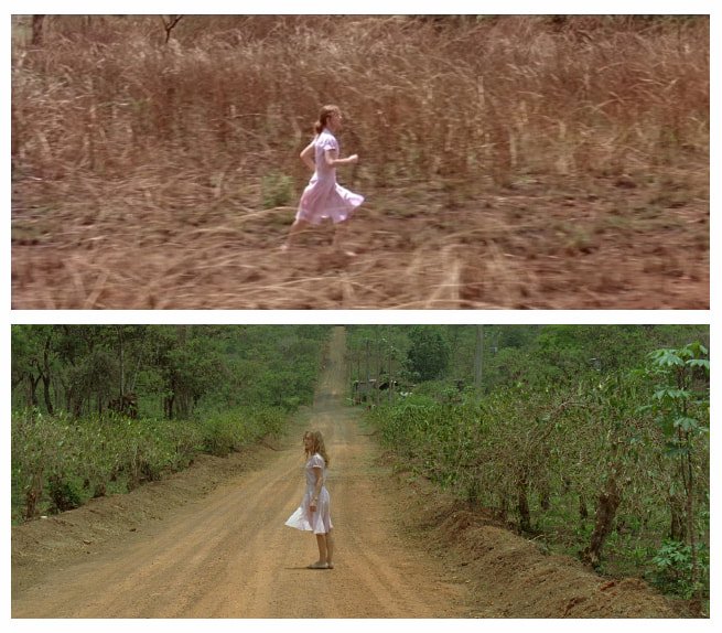 Display the full size picture: Une jeune fille en robe rose court dans les broussailles puis s’arrête sur un chemin.