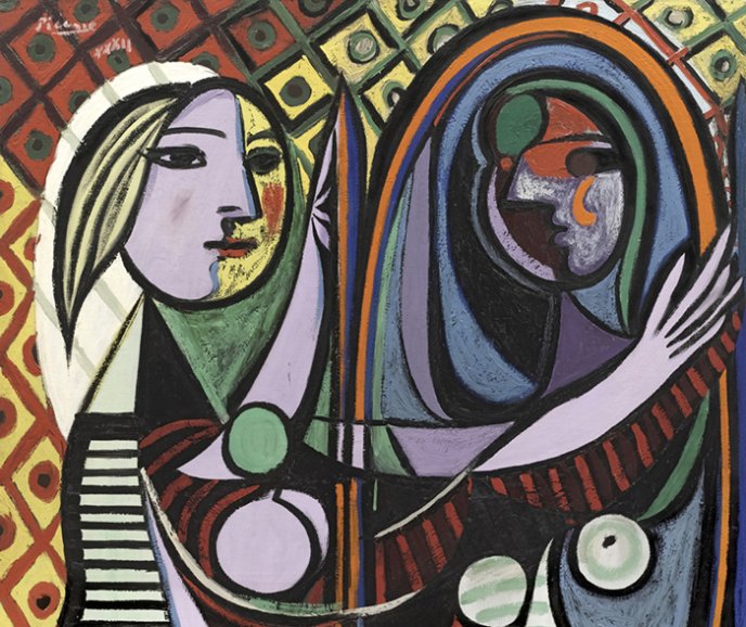 Display the full size picture: Peinture abstraite représentant deux figures humaines stylisées, aux visages violets et verts, enlacées sur un fond géométrique coloré aux formes rouges, jaunes, bleues et noires