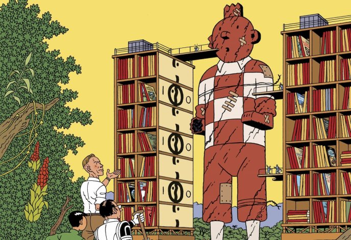 Afficher l'image en plein écran : Illustration dans le style d’Hergé : une fusée géante ressemblant au personnage de Tintin.