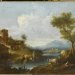 Peinture de Giuseppe Zais intitulée Paysage pastoral représentant des paysans au bord d'une rivière