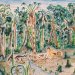 Homme accroupi dans la forêt, ramassant des plantes
