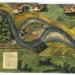 Carte historique illustrée d'une rivière sinueuse avec des bâtiments et des paysages environnants. Inclut des annotations manuscrites et des détails géographiques. Représentation artistique d'une région avec des éléments naturels et architecturaux.
