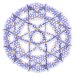 Représentation d'une structure en forme de sphère faite d'anneaux violets reliés par de petits points dorés, illustrant une construction chimique précise et symétrique