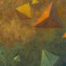 Peinture abstraite avec formes géométriques colorées sur fond texturé.