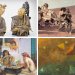 Montage de quatre œuvres : statues asiatiques, scène préhistorique, jeu orientaliste et peinture géométrique abstraite.